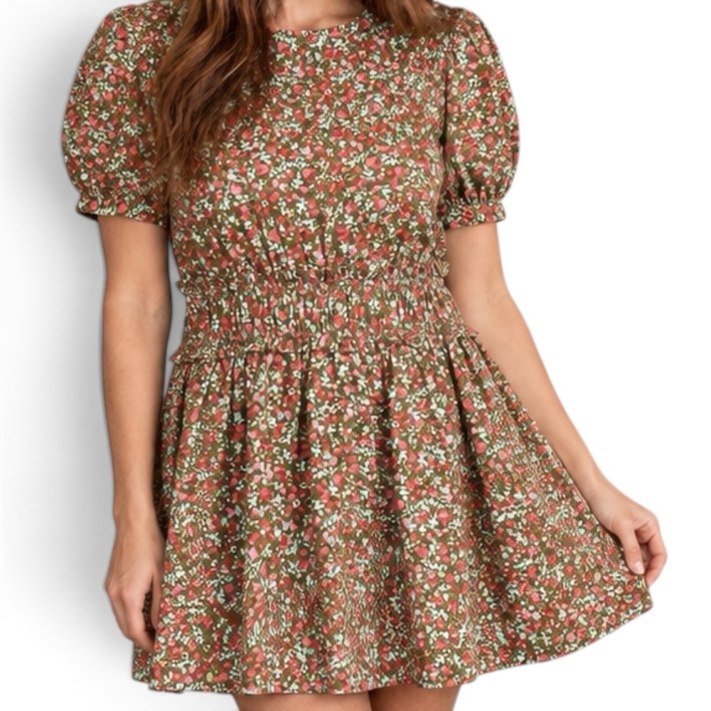 Free People M Olive Floral Mini Dress Smocked Waist Puff Sleeve Cottagecore Boho